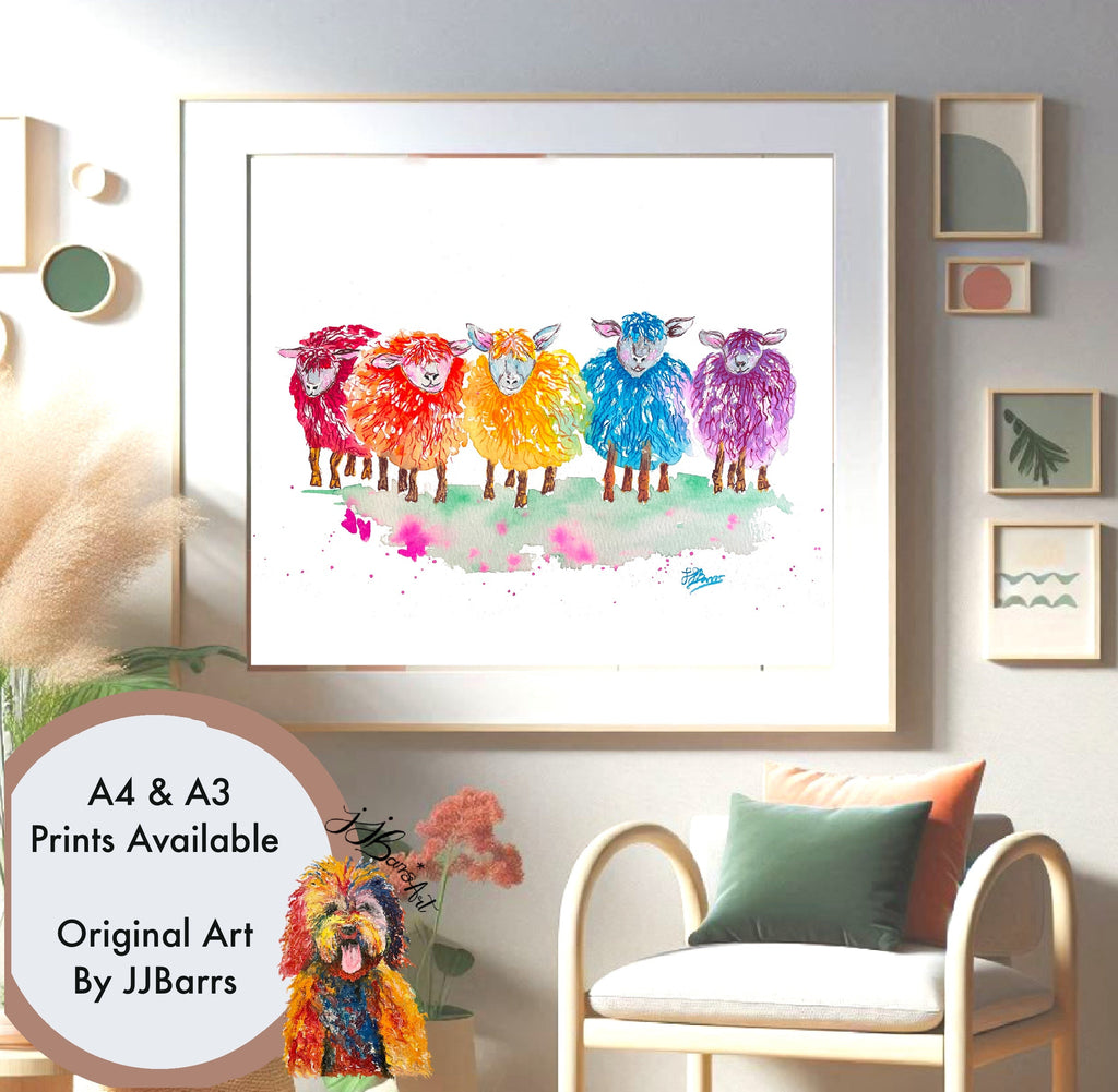 Rainbow Sheep Watercolour Painting Prints by JJ Barrs-The Wild Fig &amp; Fern
