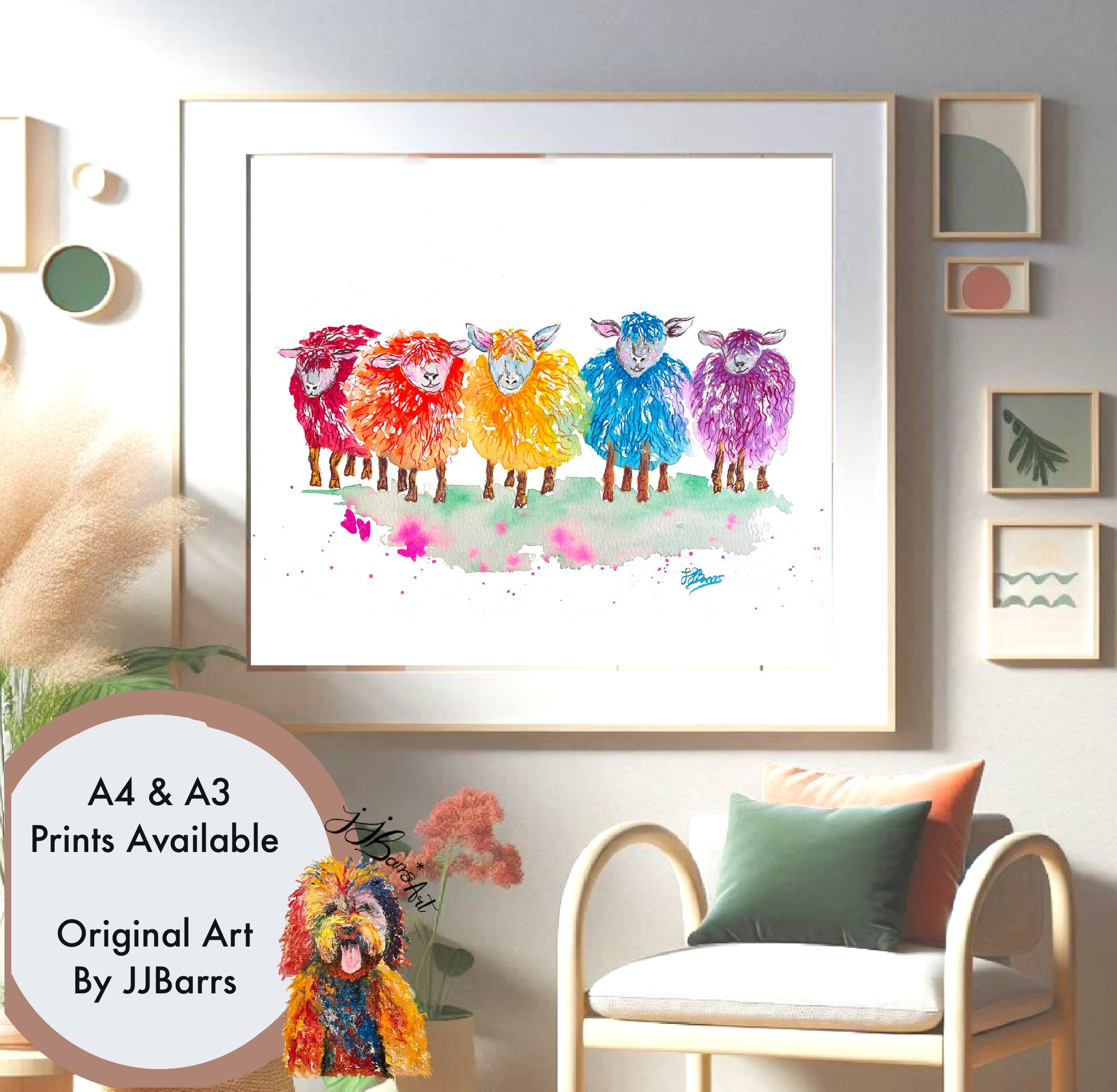 Rainbow Sheep Watercolour Painting Prints by JJ Barrs-The Wild Fig &amp; Fern