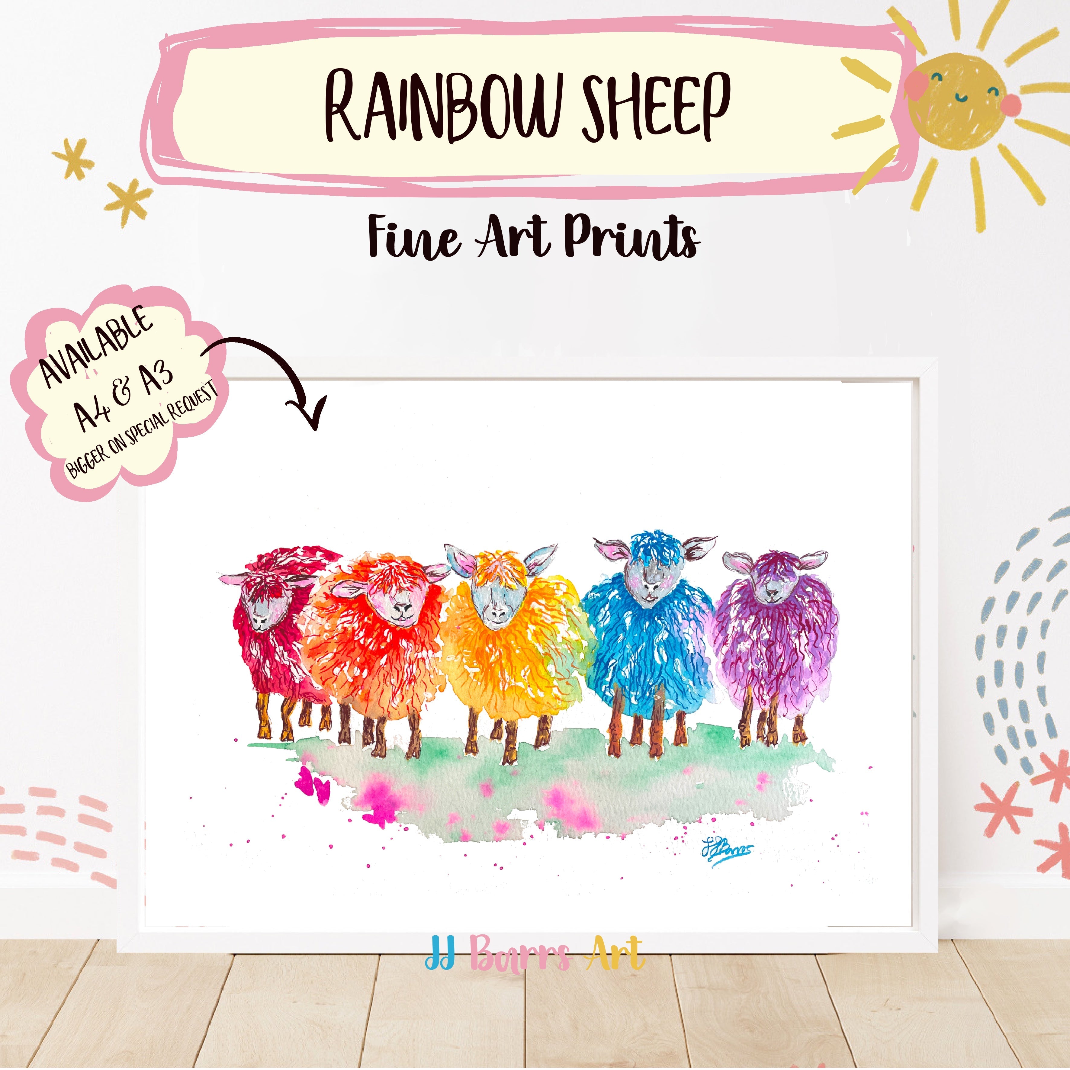 Rainbow Sheep Watercolour Painting Prints by JJ Barrs-The Wild Fig &amp; Fern