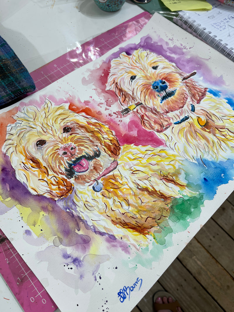 a colourful painting of 2 dogs, cockerpoos, custom painting by the wild fig and fern