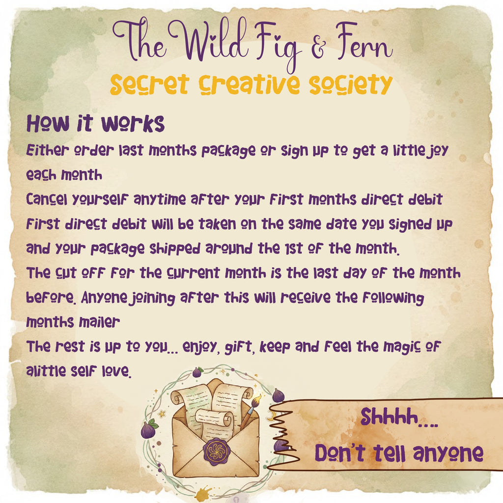 The Wild Fig & Fern Secret Snail Mail 🐌-shhh dont tell anyone world wide postage, the wild fig and fern uk snail mail, monthly mail club, art & painting watercolour, bookmark and sticker with a nostalgic letter and moment of quiet list of rules