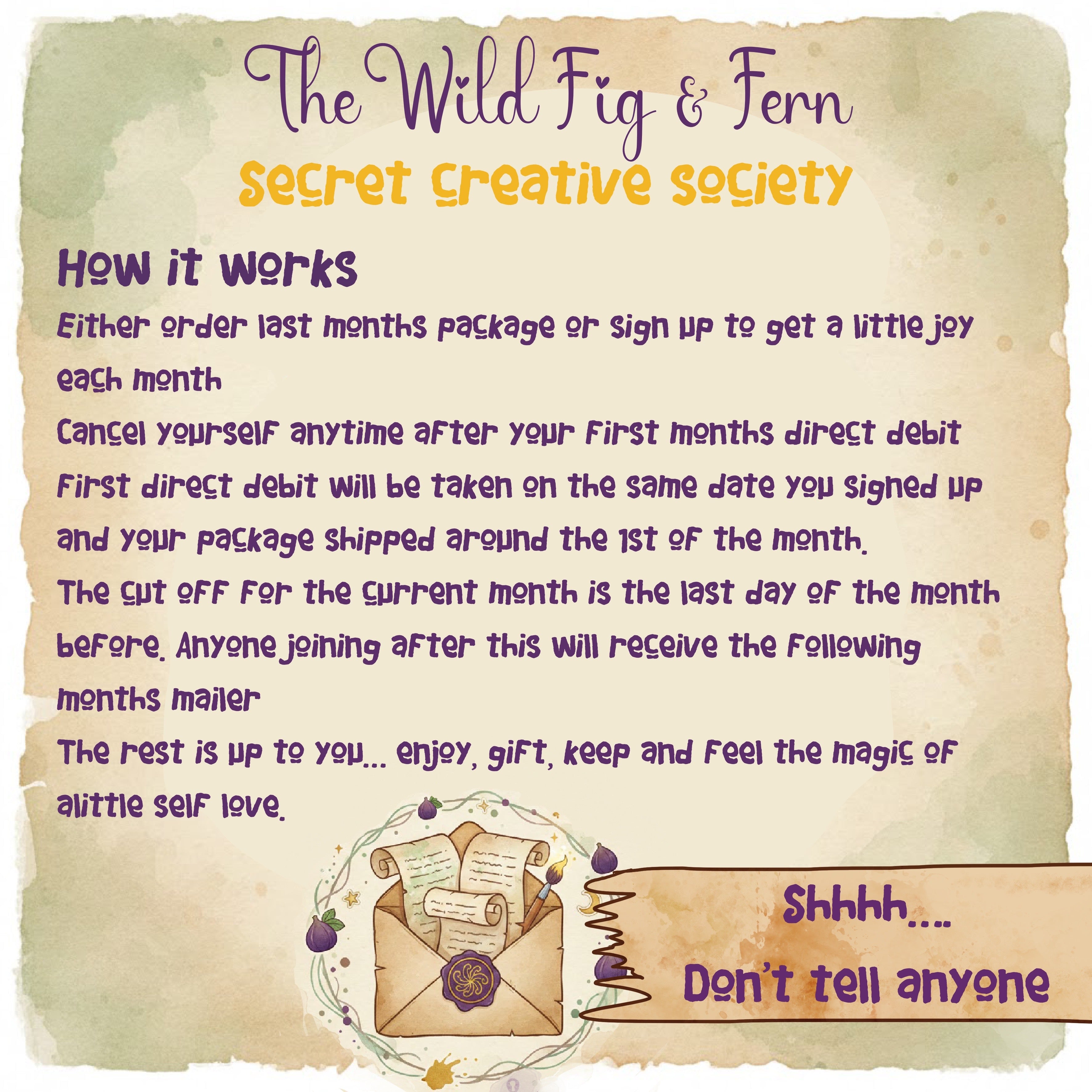 The Wild Fig & Fern Secret Snail Mail 🐌-shhh dont tell anyone world wide postage, the wild fig and fern uk snail mail, monthly mail club, art & painting watercolour, bookmark and sticker with a nostalgic letter and moment of quiet list of rules