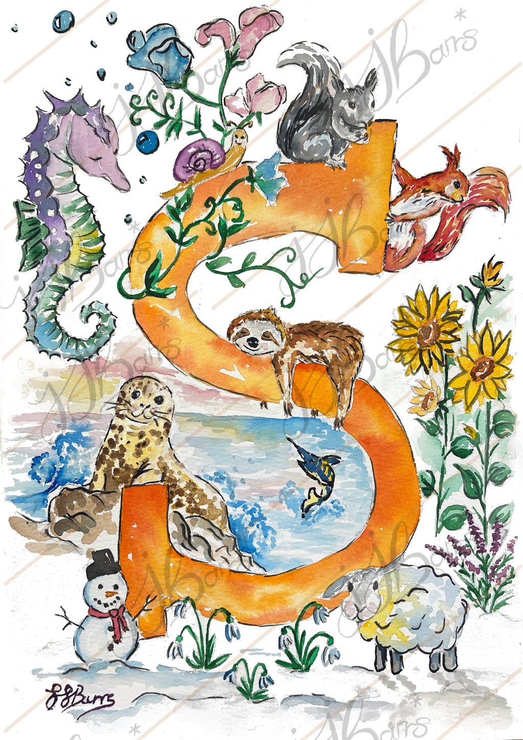 *S* A4/A3 Custom Name And Letter, Watercolour Art Print-The Wild Fig &amp; Fern