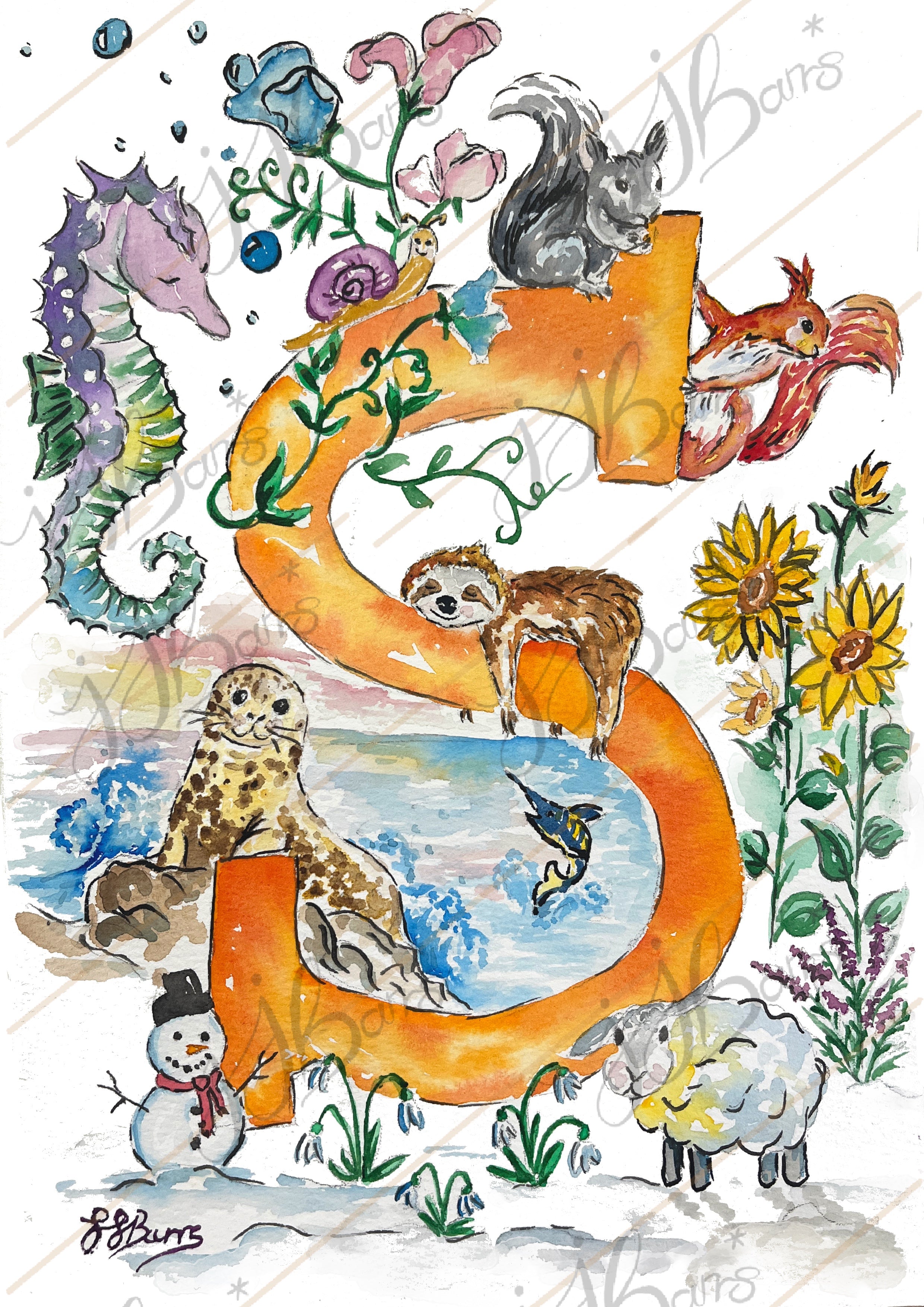 *S* A4/A3 Custom Name And Letter, Watercolour Art Print-The Wild Fig &amp; Fern