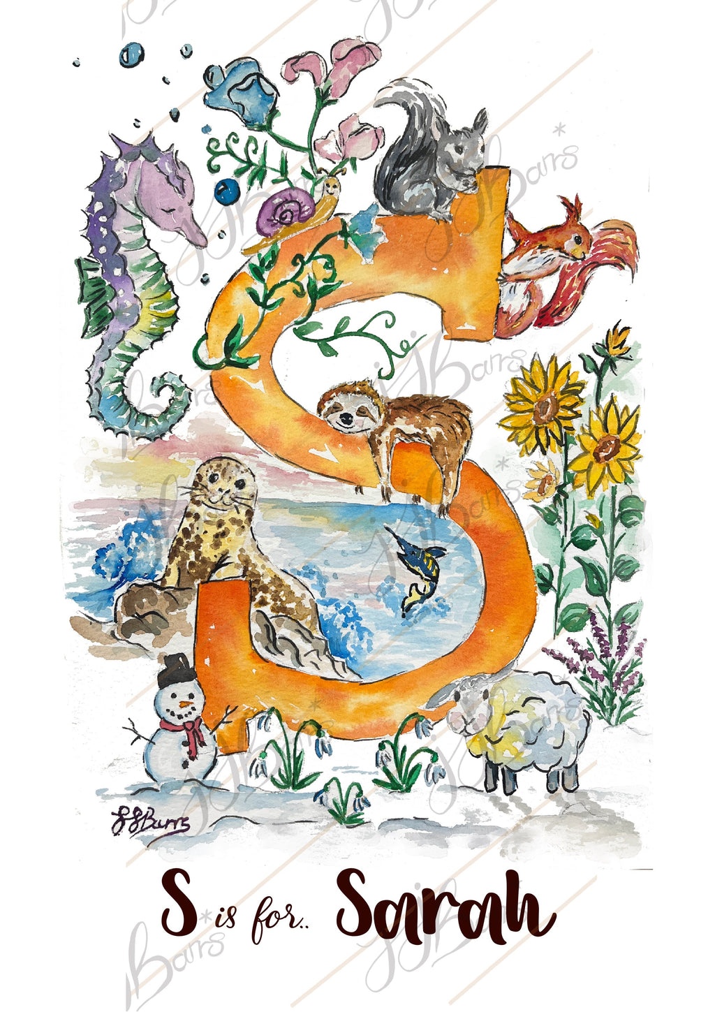 *S* A4/A3 Custom Name And Letter, Watercolour Art Print-The Wild Fig &amp; Fern