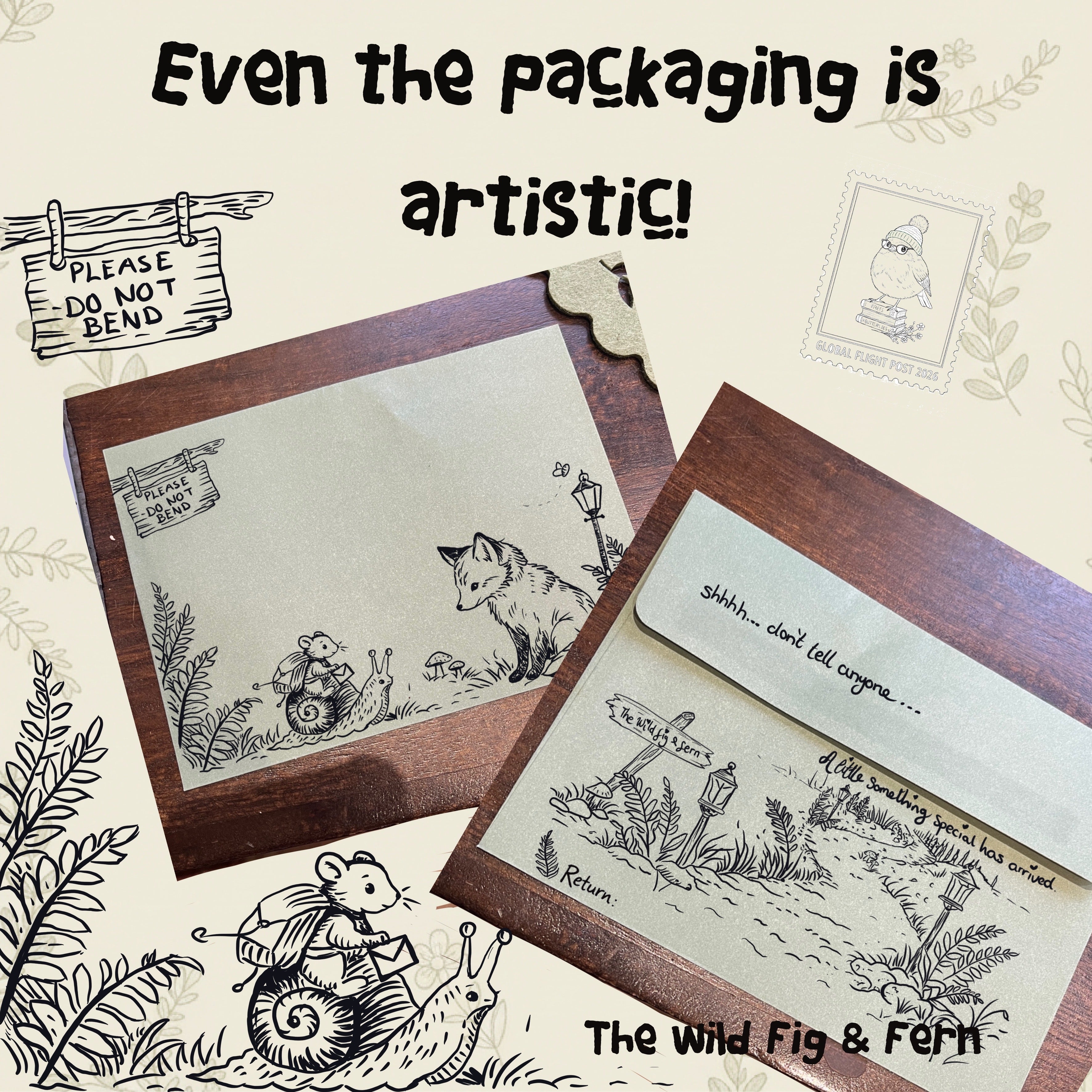 The Wild Fig & Fern Secret Snail Mail 🐌-shhh dont tell anyone world wide postage, the wild fig and fern uk snail mail, monthly mail club, art & painting watercolour, bookmark and sticker with a nostalgic letter and moment of quiet envelopes