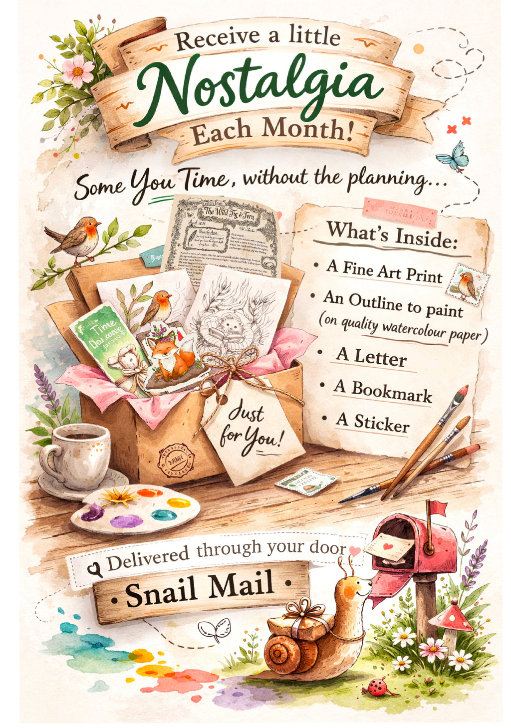Promotional graphic for a monthly subscription service with stationery items and text. snail mail, mail club art