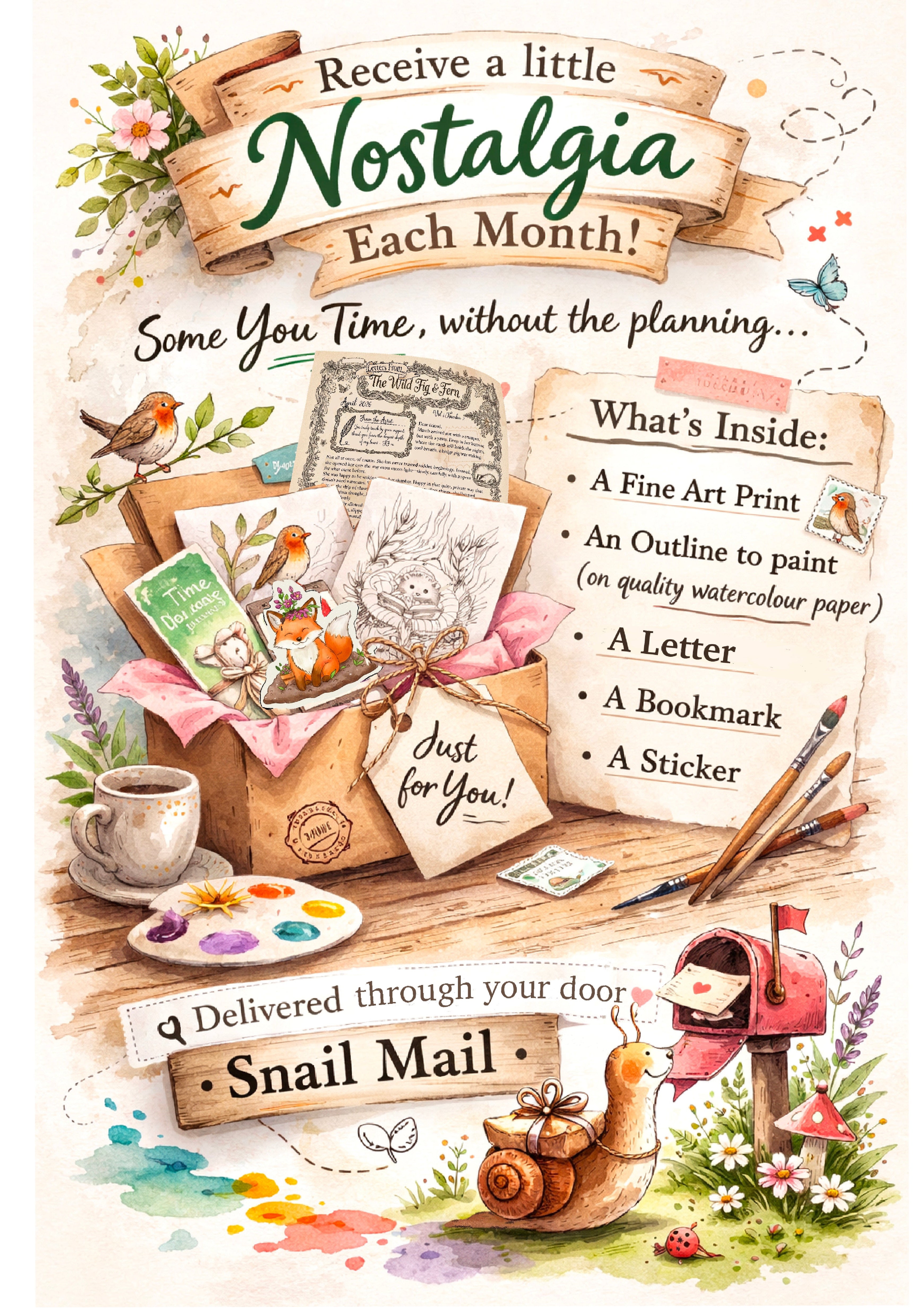 Promotional graphic for a monthly subscription service with stationery items and text. snail mail, mail club art