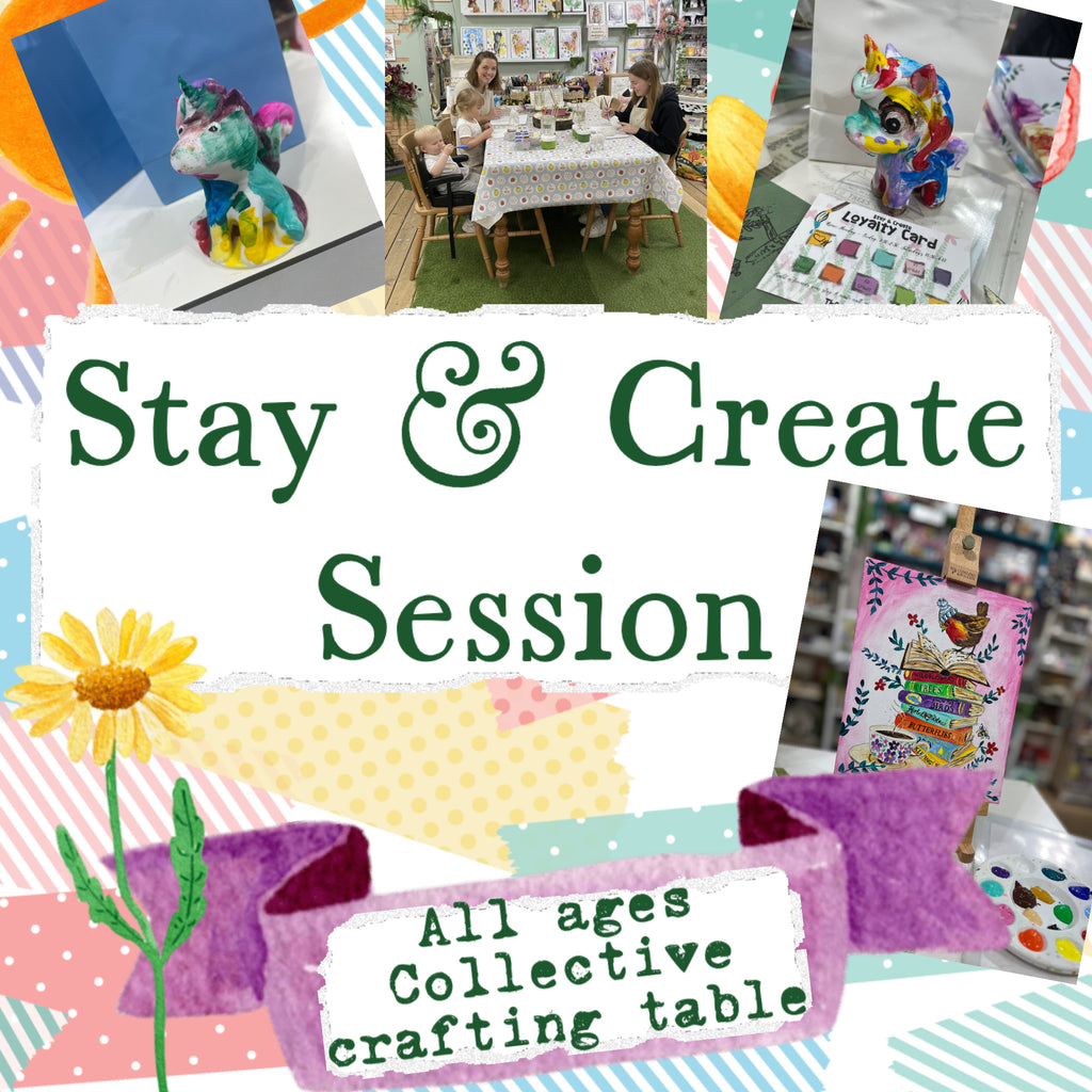 Collage of images with text 'Stay & Create Session' and various craft-related activities.