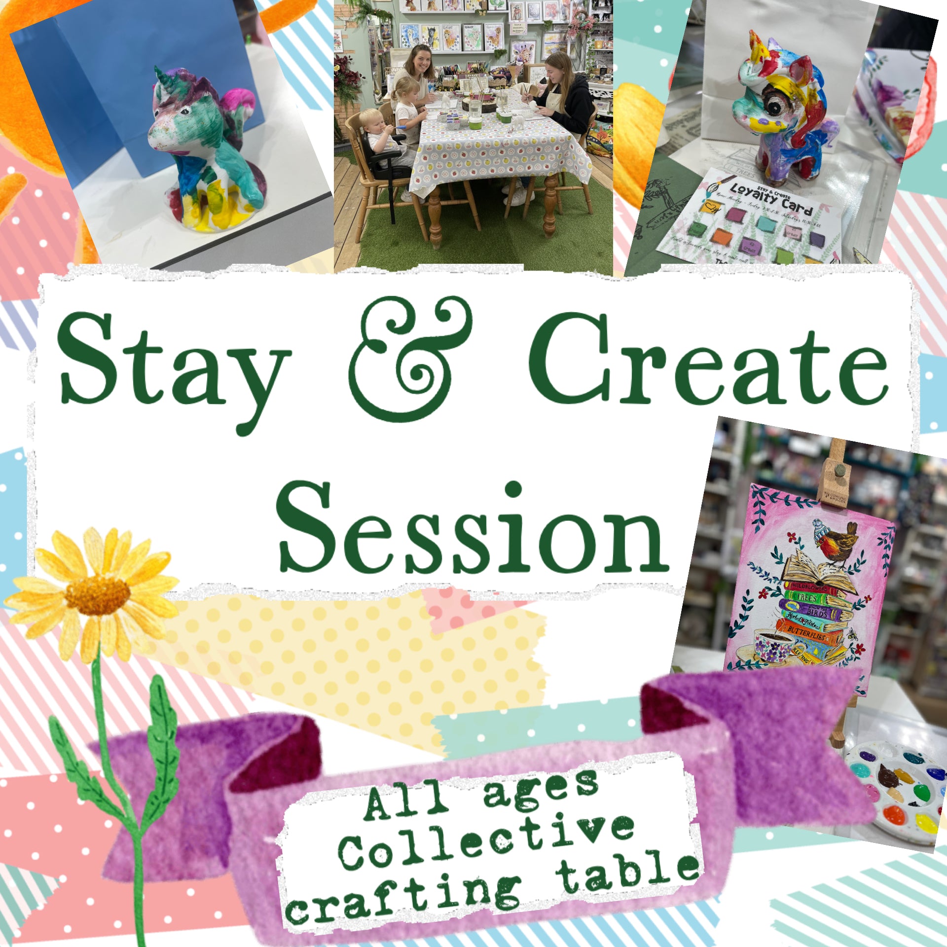 Collage of images with text 'Stay & Create Session' and various craft-related activities.