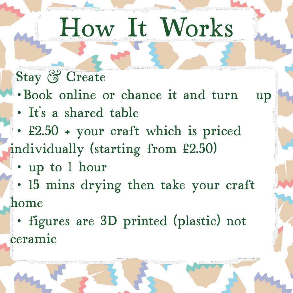 Text explaining a crafting service with 3D printed figures on a patterned background, things to do with children in leicstershire