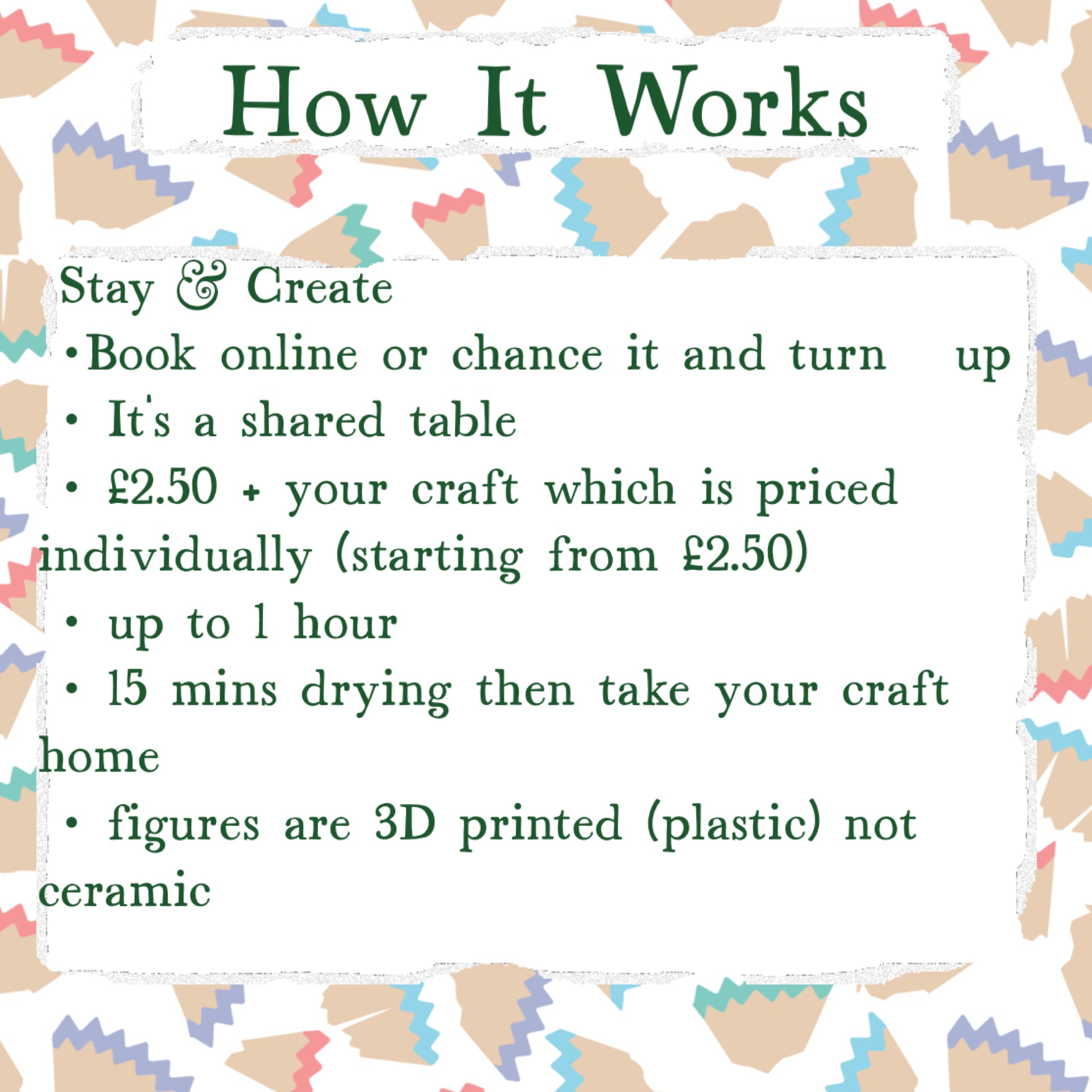 Text explaining a crafting service with 3D printed figures on a patterned background, things to do with children in leicstershire