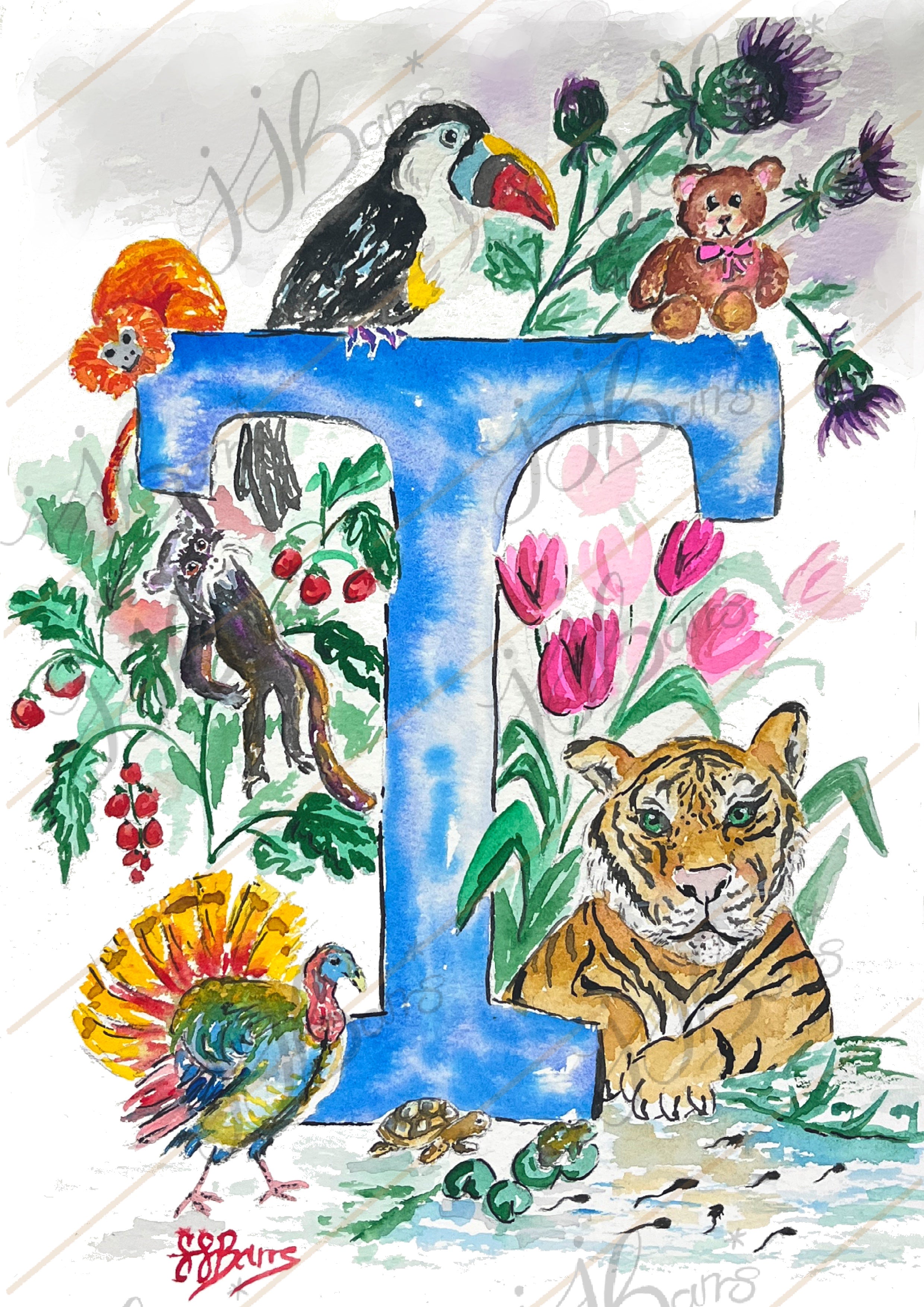 *T* A4/A3 Custom Name And Letter, Watercolour Art Print-The Wild Fig &amp; Fern