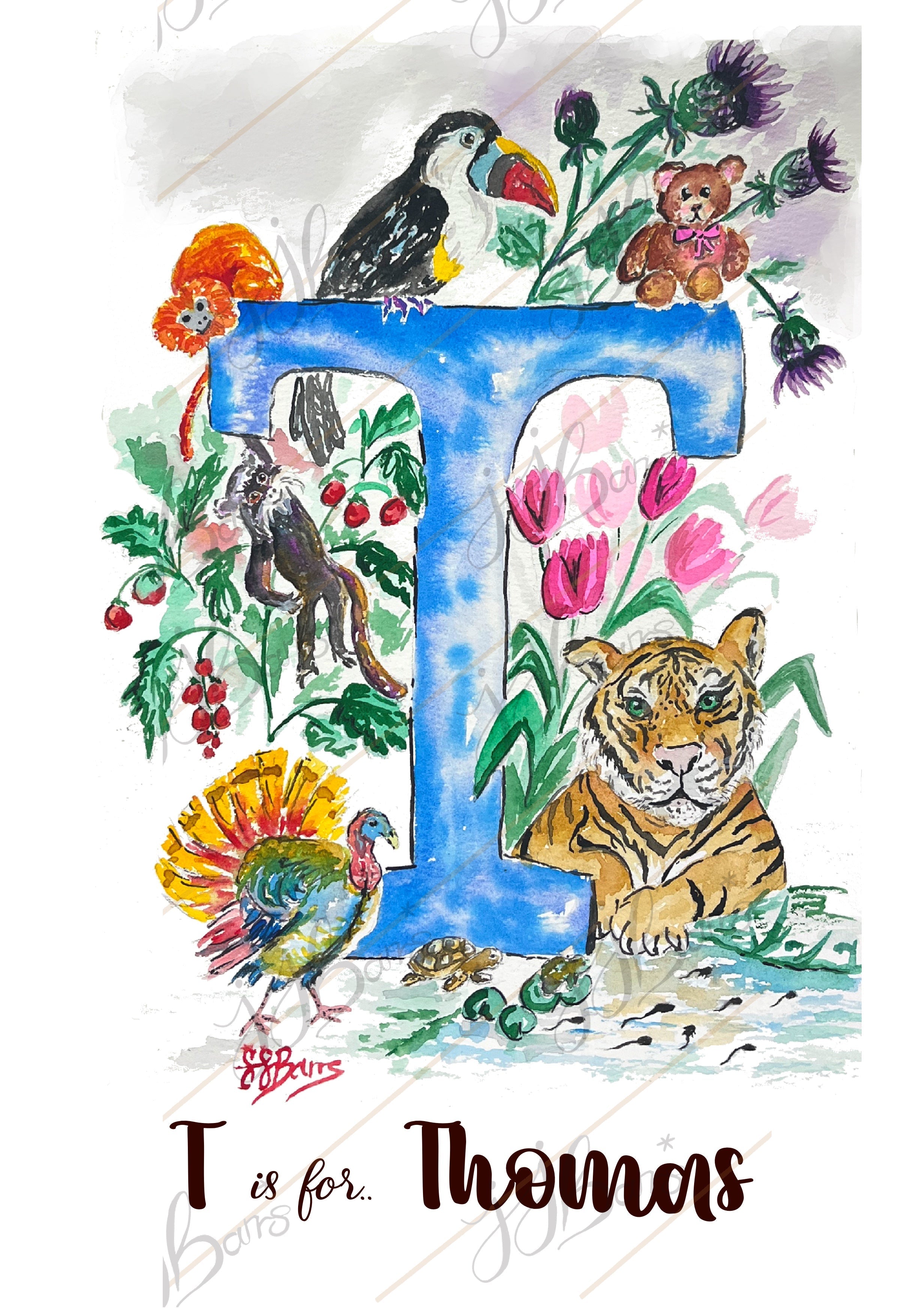 *T* A4/A3 Custom Name And Letter, Watercolour Art Print-The Wild Fig &amp; Fern