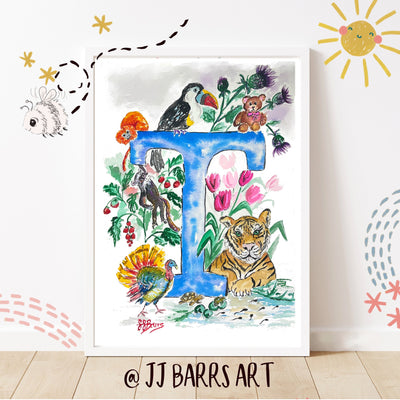 *T* A4/A3 Custom Name And Letter, Watercolour Art Print - The Wild Fig & Fern Buttercups Tearoom, JJ Barrs Art, Colourful Art, Gift Ideas, Market Harborough, Places to visit Leicestershire, Child Friendly, crafts, handmade, *T* A4/A3 Custom Name And Letter, Watercolour Art Print