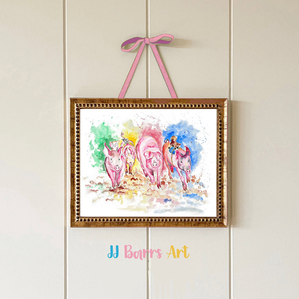 The pig race! By JJ Barrs using colourful watercolour l fine art Painting Prints-The Wild Fig &amp; Fern