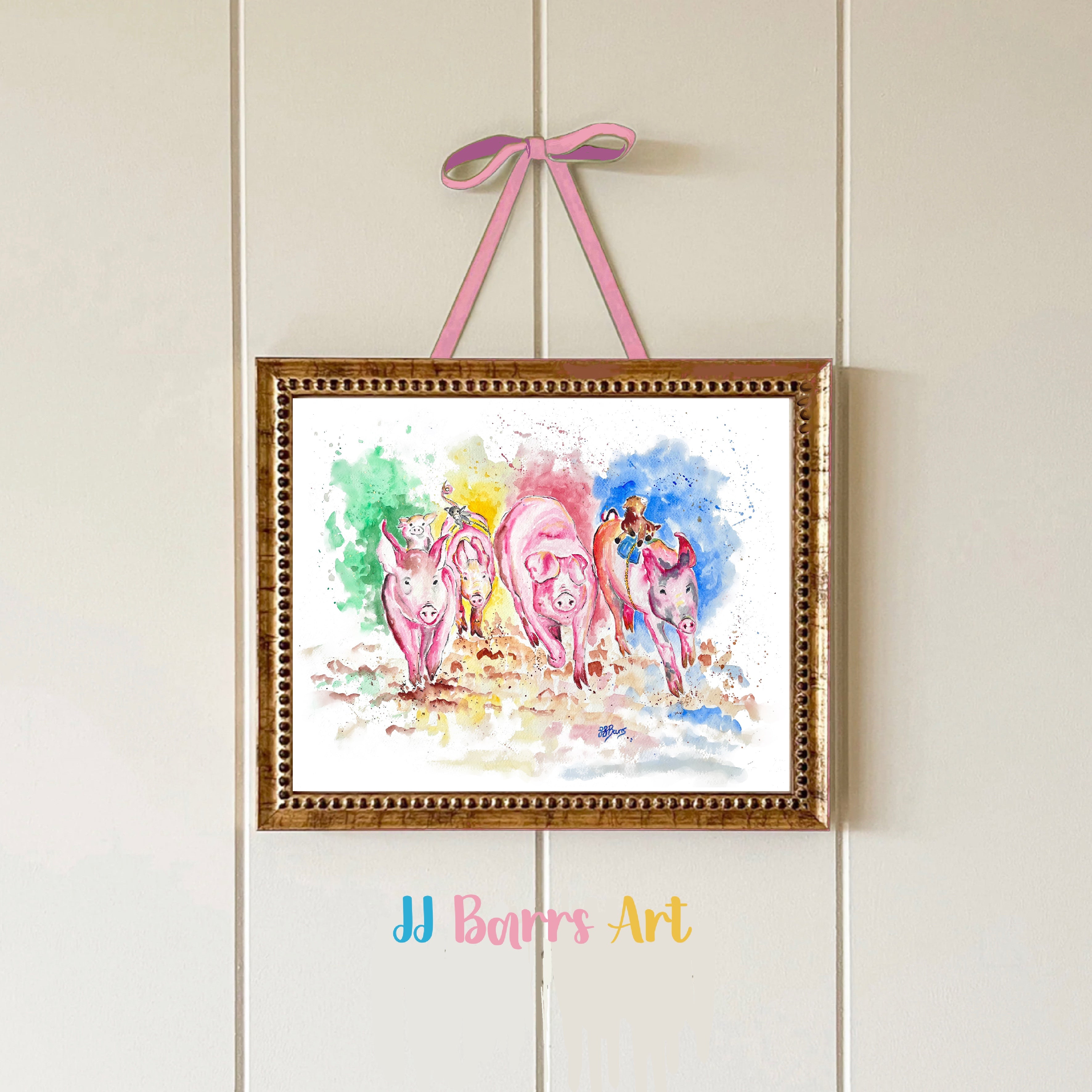 The pig race! By JJ Barrs using colourful watercolour l fine art Painting Prints-The Wild Fig &amp; Fern