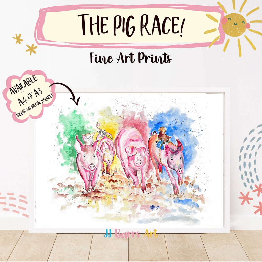 The pig race! By JJ Barrs using colourful watercolour l fine art Painting Prints-The Wild Fig &amp; Fern
