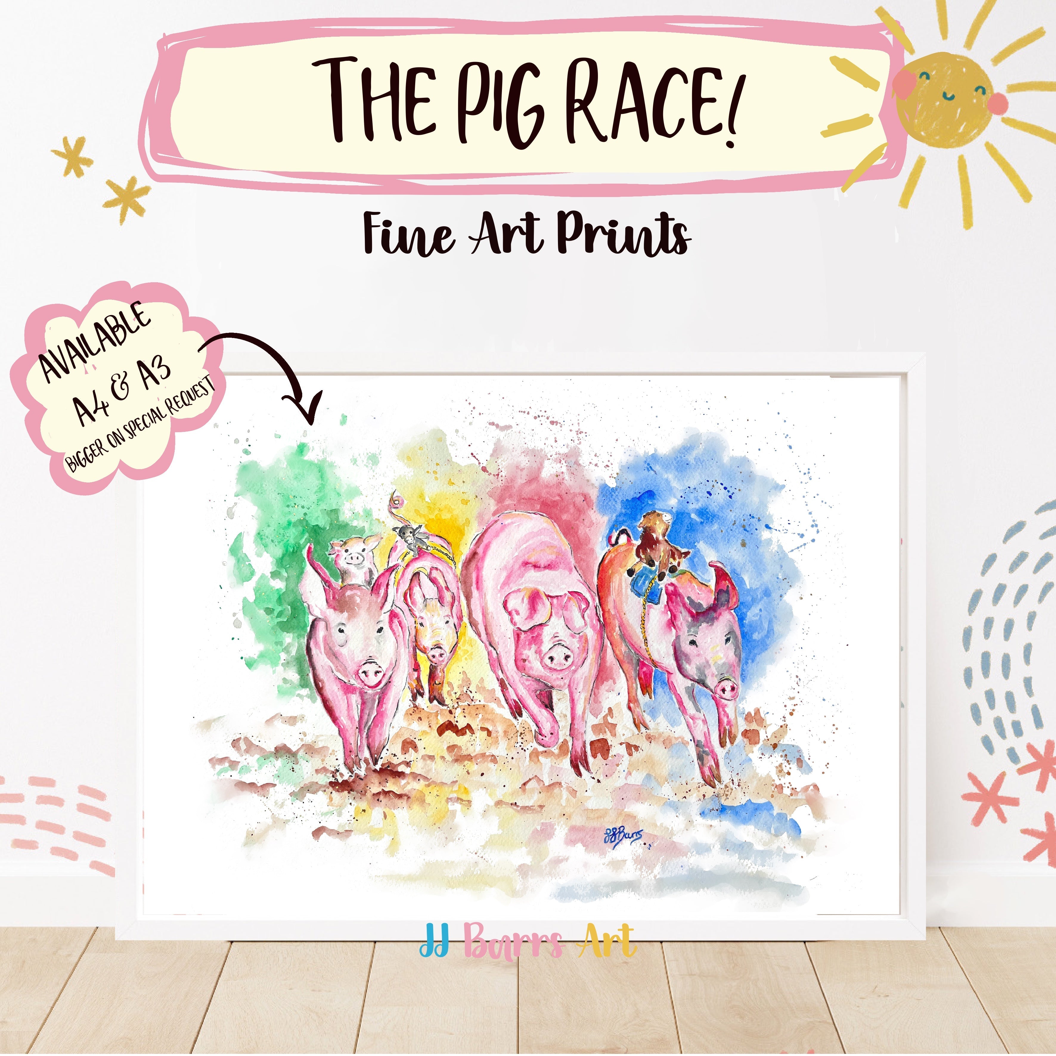 The pig race! By JJ Barrs using colourful watercolour l fine art Painting Prints-The Wild Fig &amp; Fern
