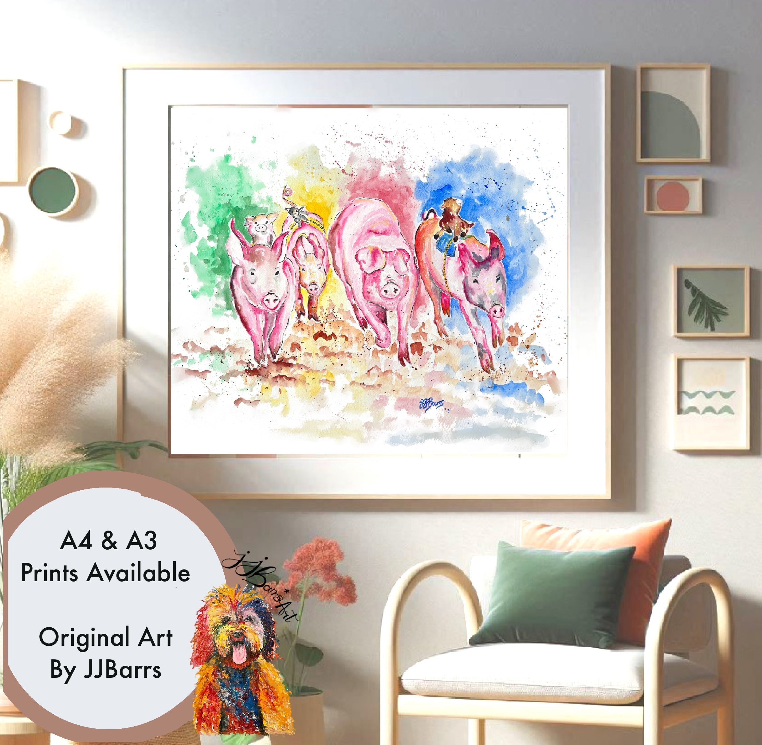 The pig race! By JJ Barrs using colourful watercolour l fine art Painting Prints-The Wild Fig &amp; Fern