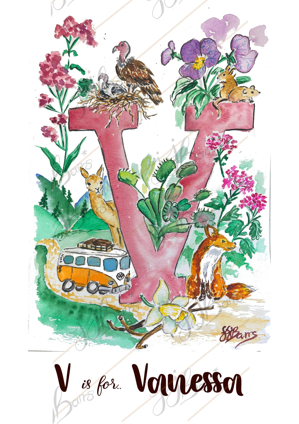 *V* A4/A3 Custom Name And Letter, Watercolour Art Print-The Wild Fig &amp; Fern