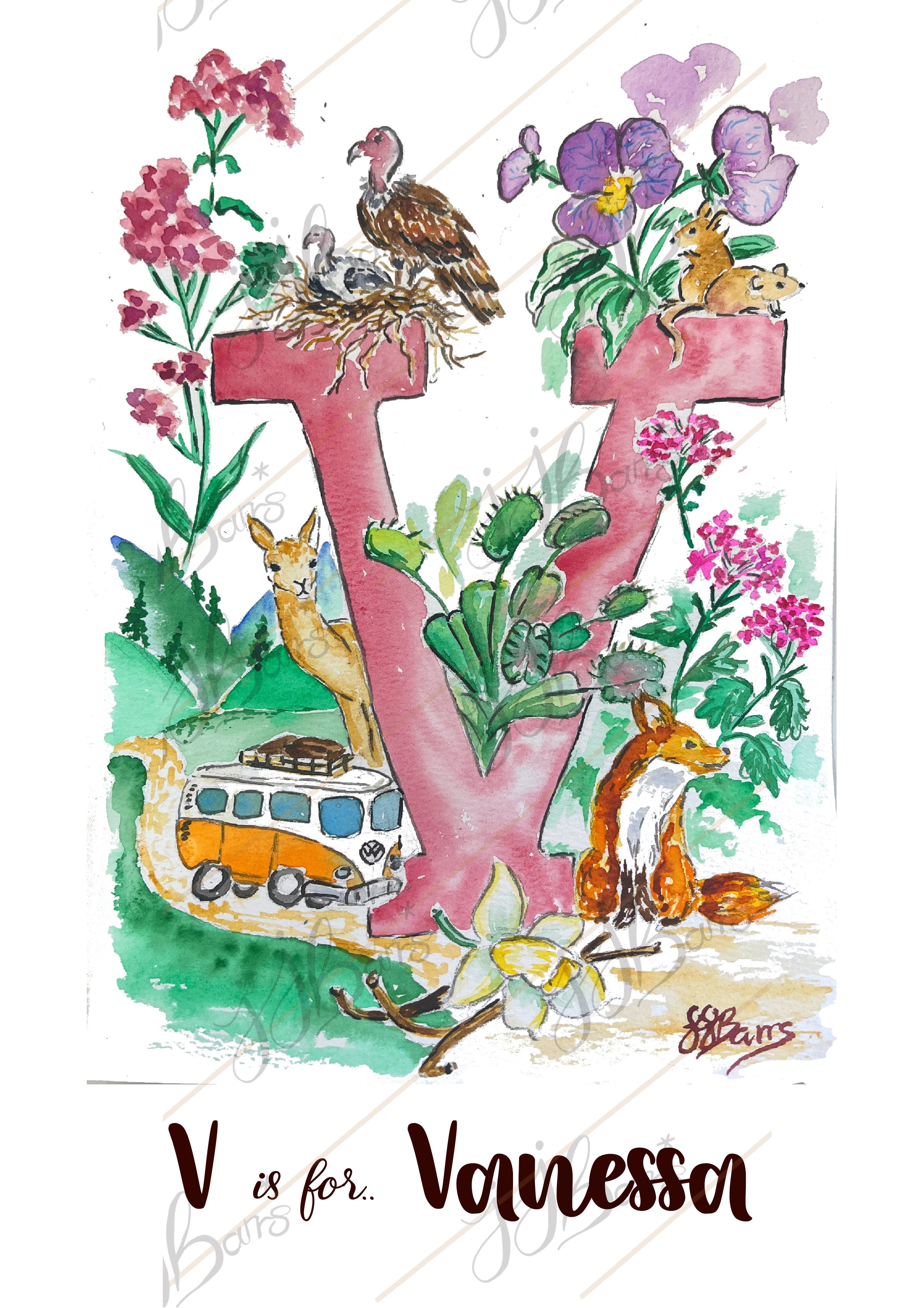 *V* A4/A3 Custom Name And Letter, Watercolour Art Print-The Wild Fig &amp; Fern