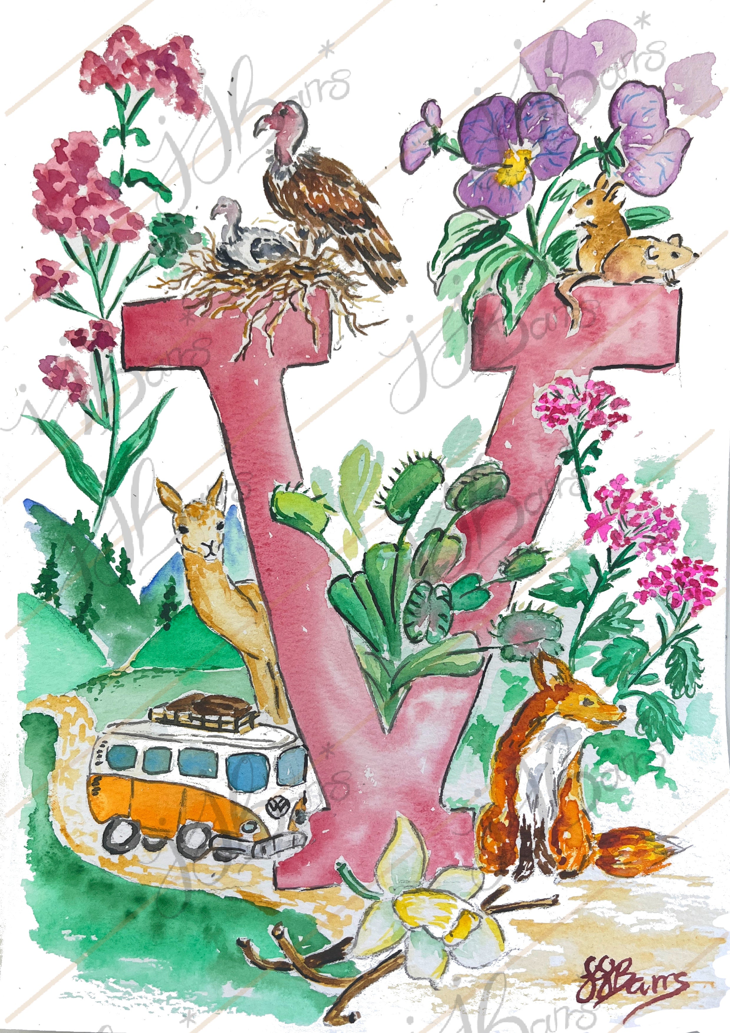 *V* A4/A3 Custom Name And Letter, Watercolour Art Print-The Wild Fig &amp; Fern