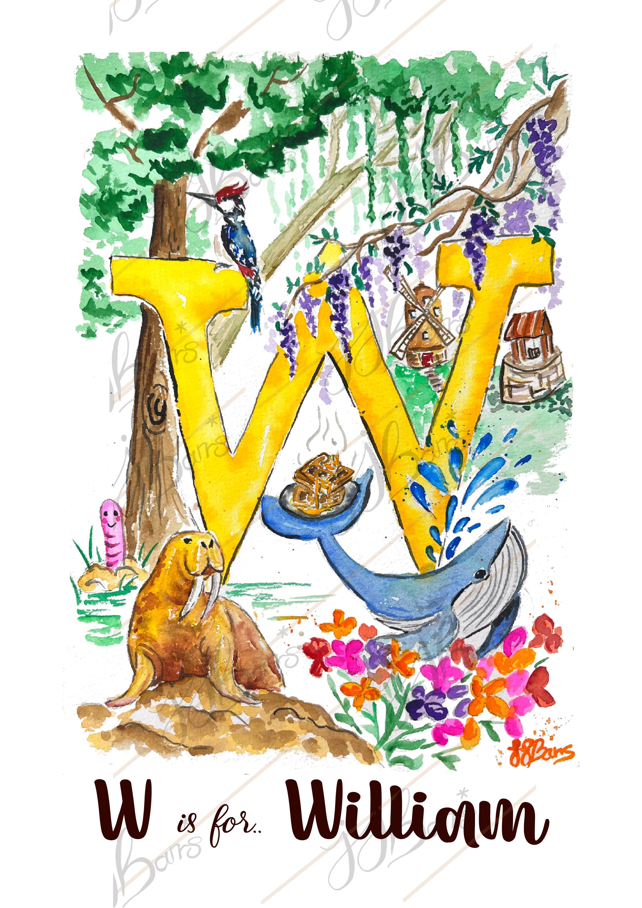*W* A4/A3 Custom Name And Letter, Watercolour Art Print-The Wild Fig &amp; Fern
