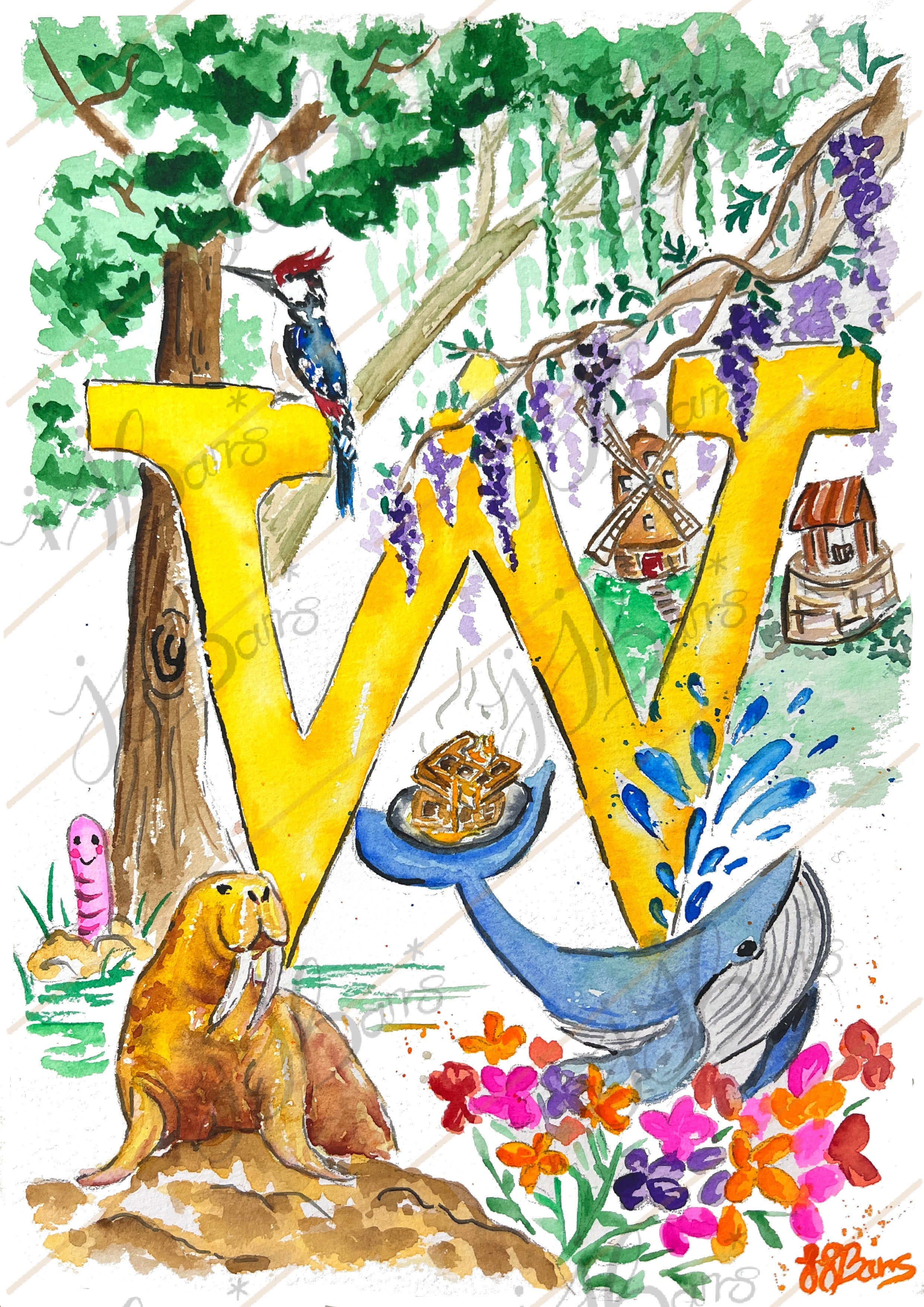 *W* A4/A3 Custom Name And Letter, Watercolour Art Print-The Wild Fig &amp; Fern