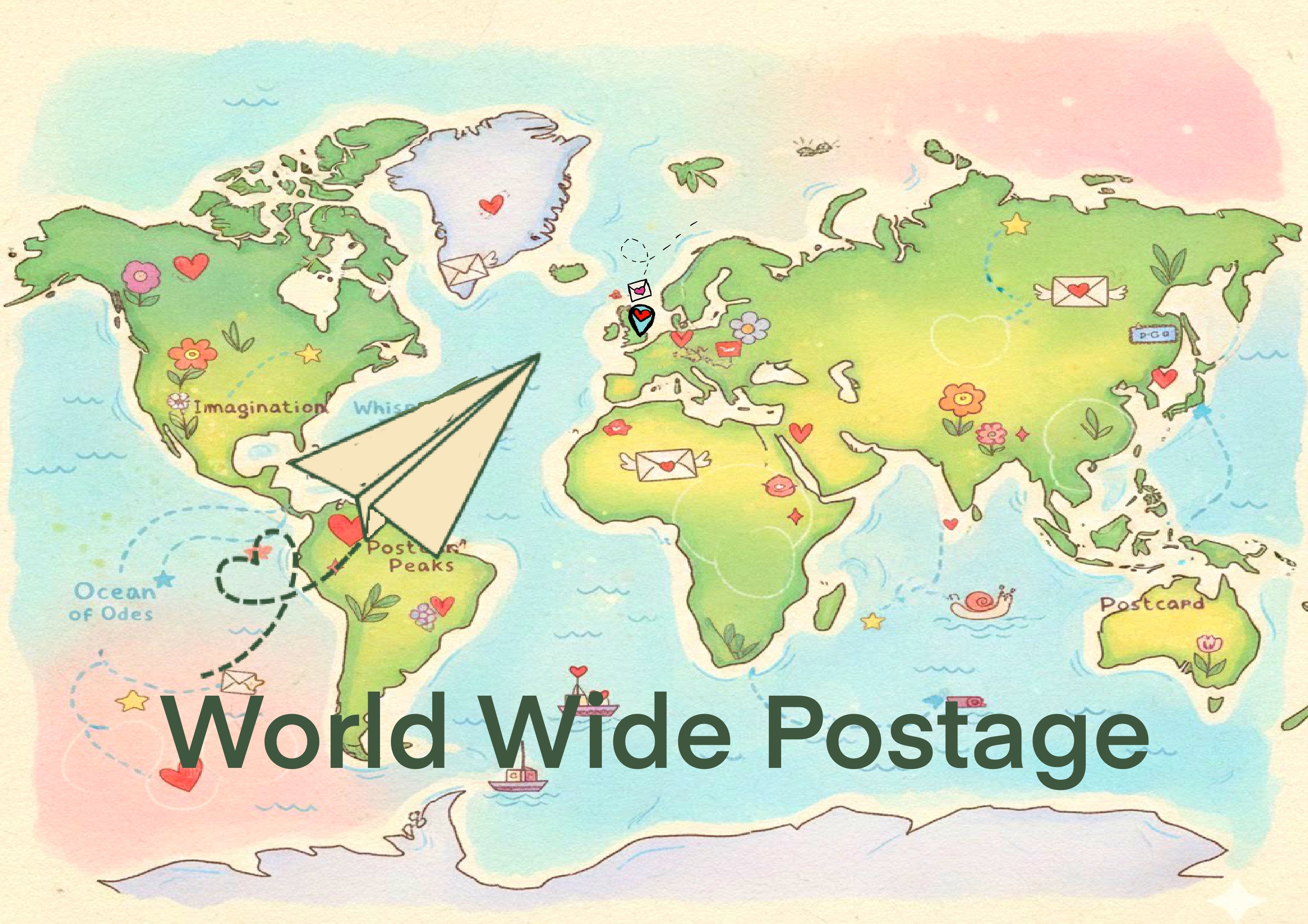 globe picture with a paper airoplaine and world wide postage, the wild fig and fern uk snail mail, monthly mail club