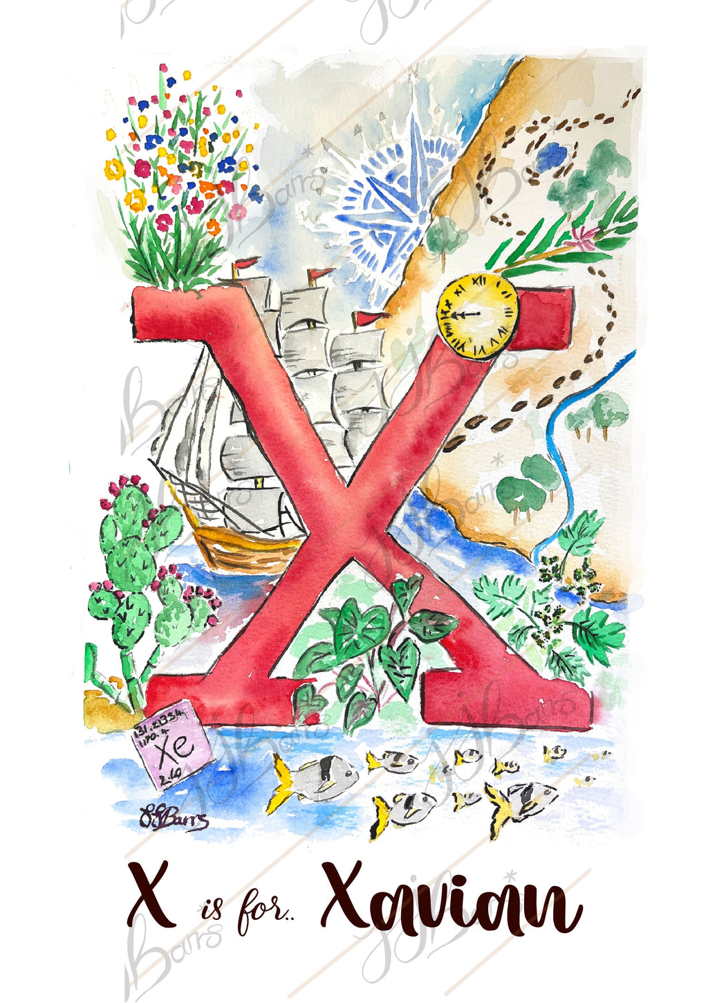 *X* A4/A3 Custom Name And Letter, Watercolour Art Print-The Wild Fig &amp; Fern