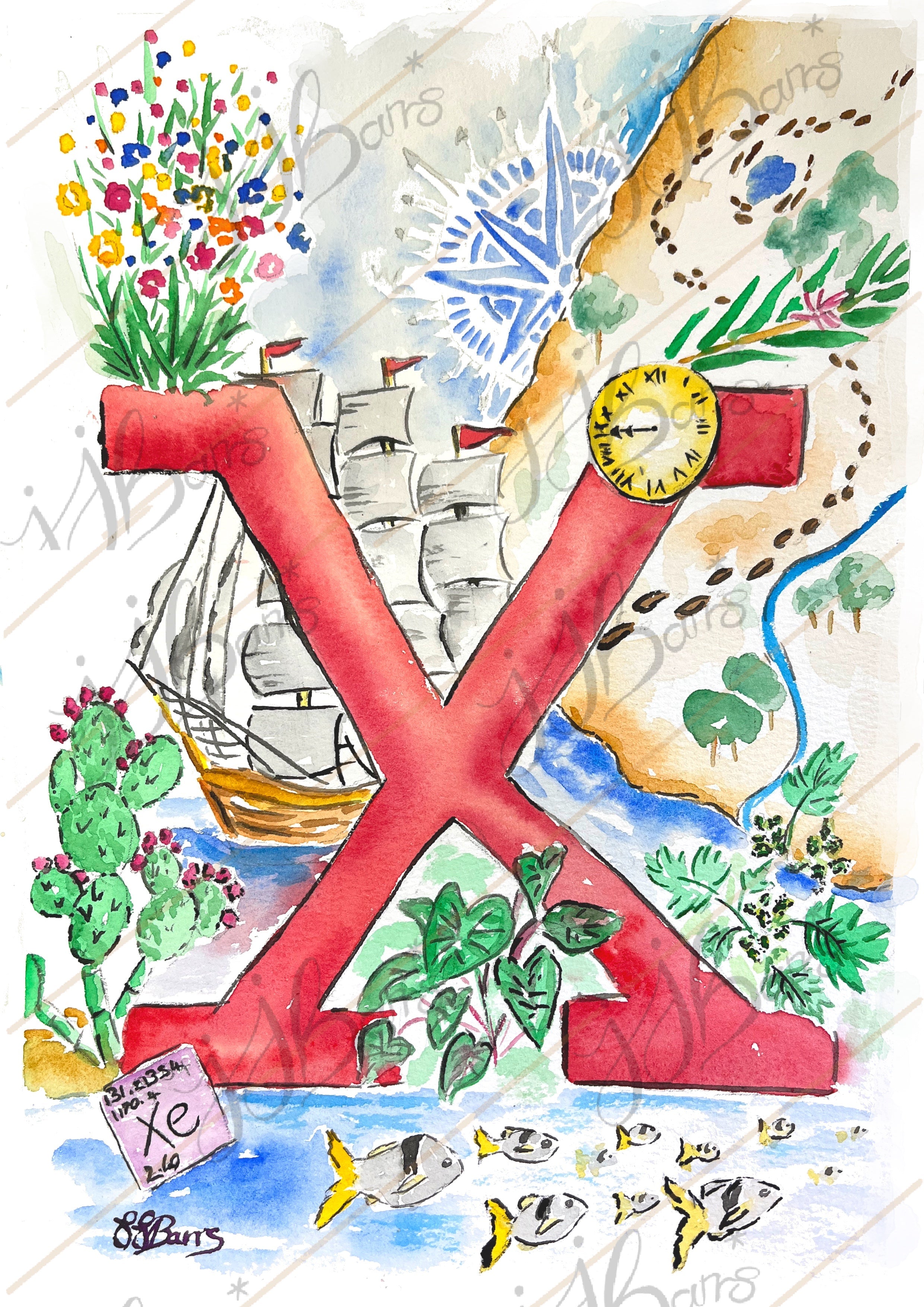*X* A4/A3 Custom Name And Letter, Watercolour Art Print-The Wild Fig &amp; Fern