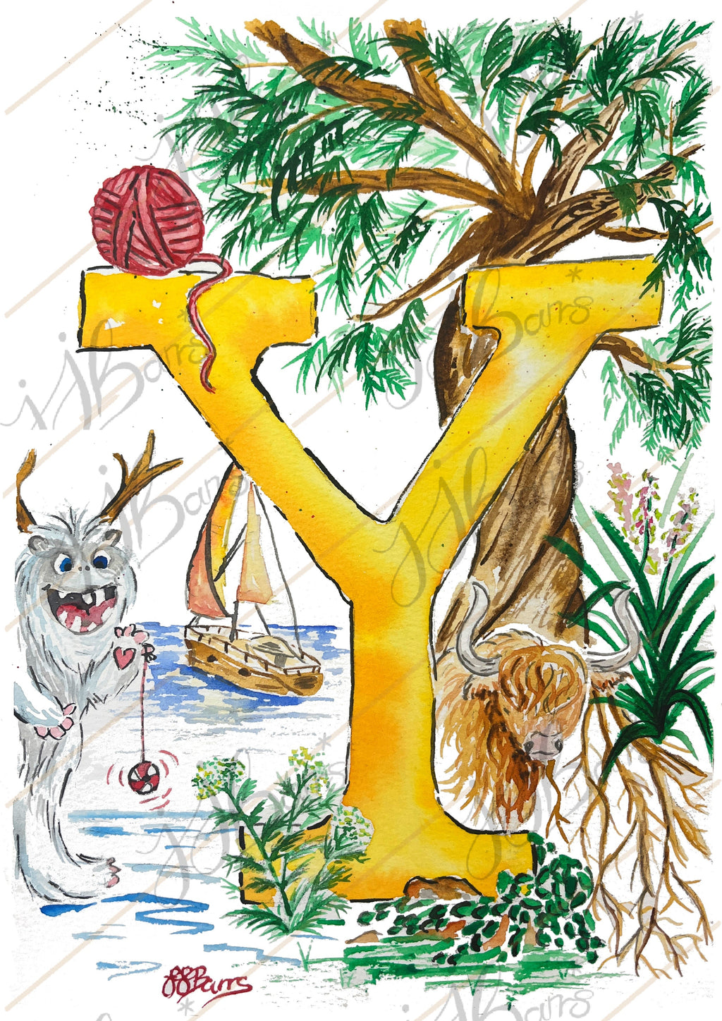 *Y* A4/A3 Custom Name And Letter, Watercolour Art Print-The Wild Fig &amp; Fern