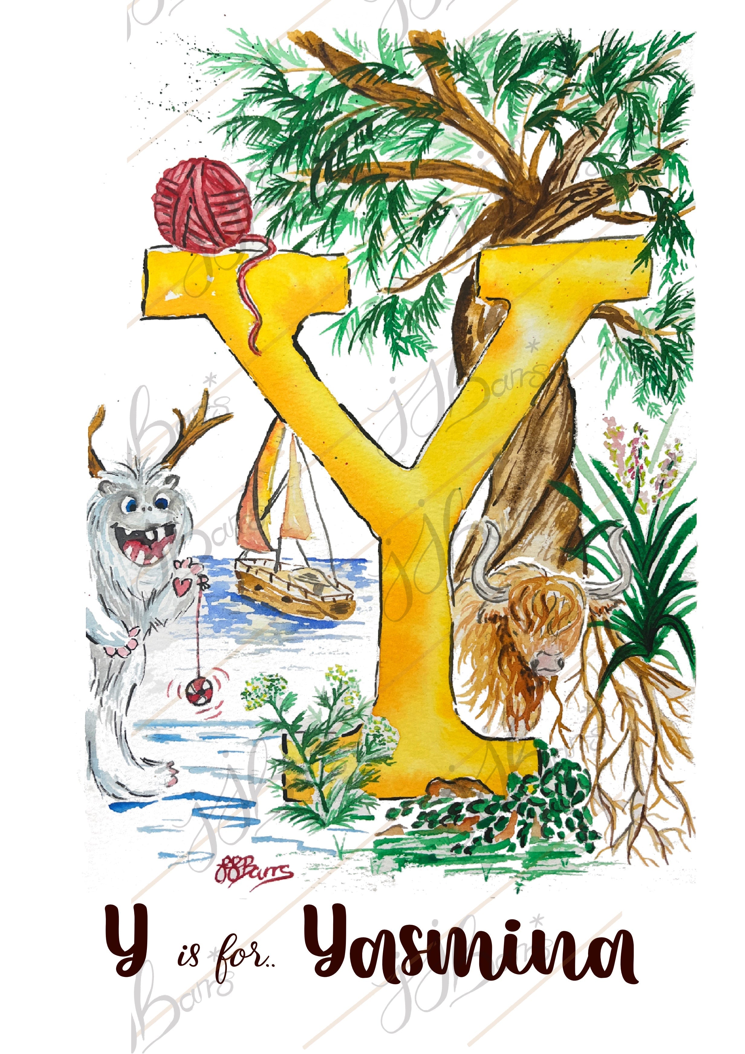 *Y* A4/A3 Custom Name And Letter, Watercolour Art Print-The Wild Fig &amp; Fern