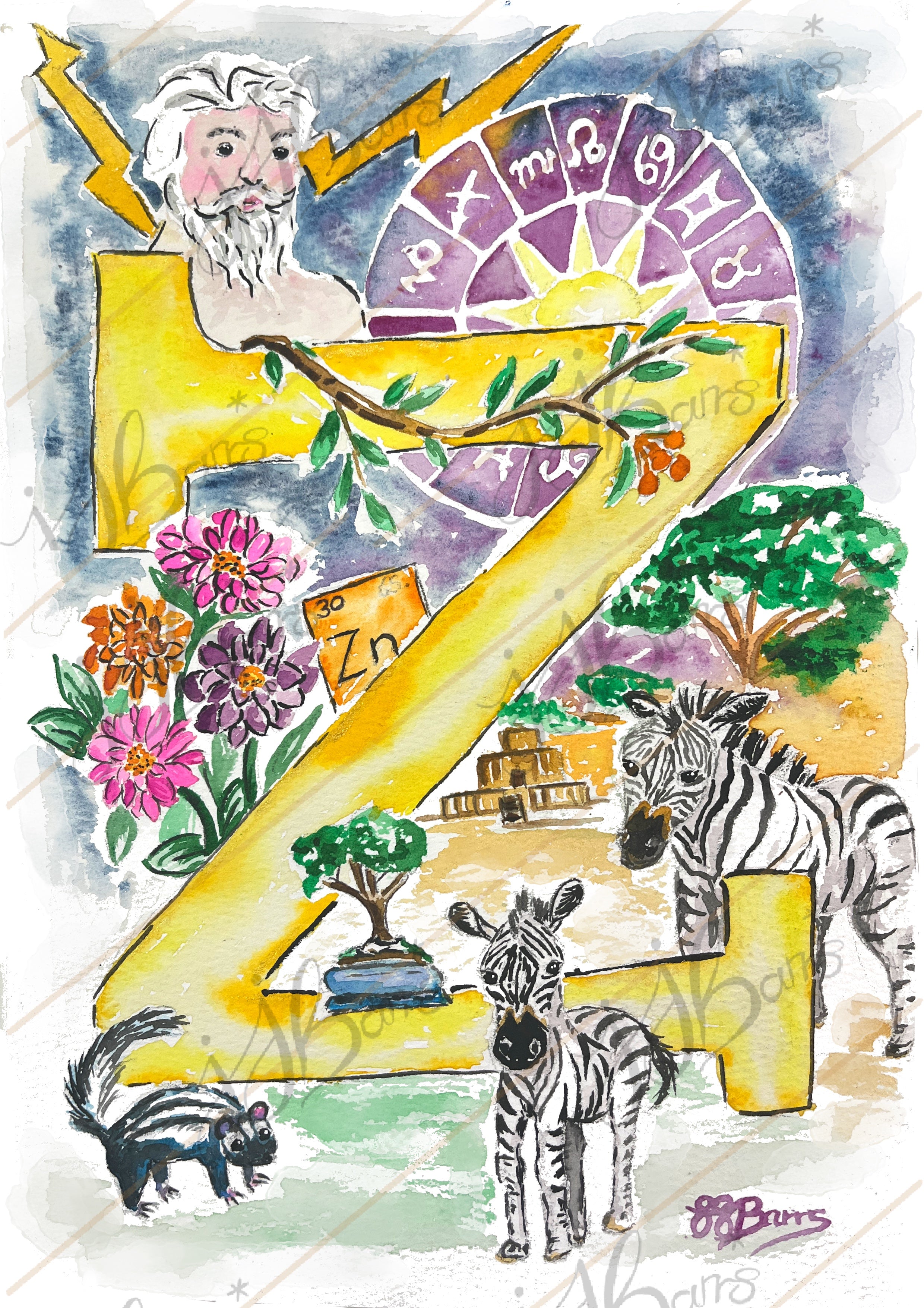 *Z* A4/A3 Custom Name And Letter, Watercolour Art Print-The Wild Fig &amp; Fern