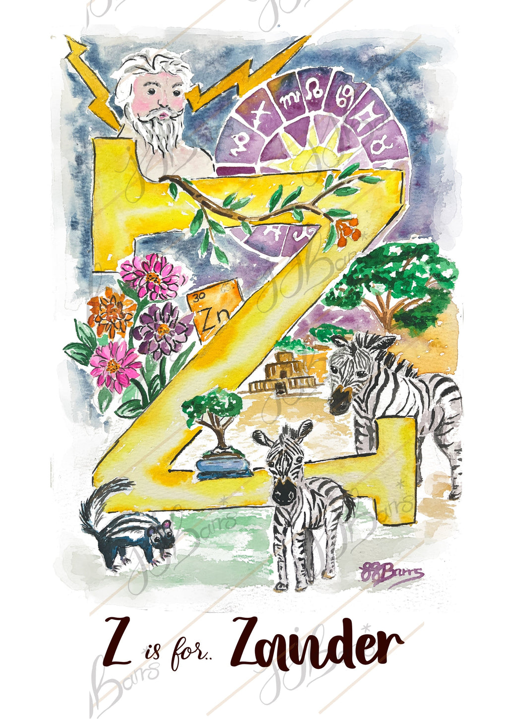 *Z* A4/A3 Custom Name And Letter, Watercolour Art Print-The Wild Fig &amp; Fern